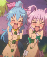 15968 - 2girls -_- animated animated_gif blue_hair bracelet cucumber h